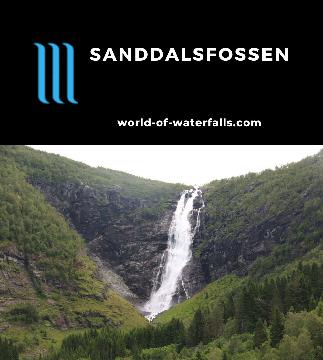 Sanddalsfossen is a 150m waterfall that is the most remarkable of the waterfalls in the quiet Myklebust Valley in the Gloppen Parish of Vestland, Norway.
