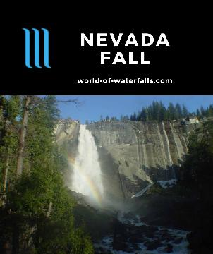 Nevada Fall is a 594ft permanent waterfall watched over by the Liberty Cap formation comprising the upper step of the Giant Stairway with Vernal Fall.