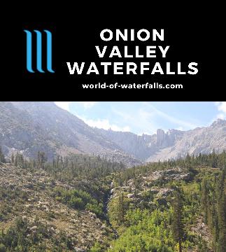 The Onion Valley Waterfalls are the cascades draining the many lakes of Onion Valley between Kearsarge Pass and Independence in an Eastern Sierra backpack trek.