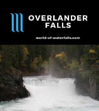 Overlander Falls is a 10m tall 30m wide gushing waterfall on the Fraser River easily accessed by a 45-minute return walk in Mt Robson Provincial Park, Canada.