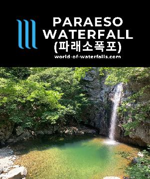 Paraeso Falls (파래소폭포; Paraeso Pokpo) is a pretty popular yet somewhat hidden waterfall dropping some 15-20m into a very inviting greenish clear pool.
