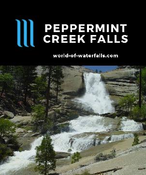 Peppermint Creek Falls is a pretty 150ft waterfall tumbling over a rounded granite surface with views towards the Dome Land Wilderness near the Needles.