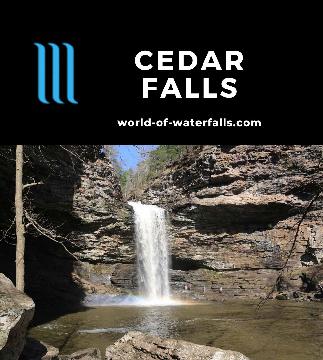Cedar Falls is a 95ft classic rectangular plunge waterfall reached on a 3-mile round-trip hike in Petit Jean State Park, and is the prettiest falls in Arkansas.