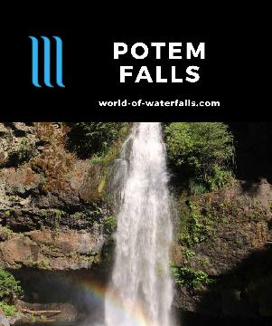 Potem Falls is a 70ft free-falling waterfall on Potem Creek reached by a short hike from an unsigned pullout in Shasta-Trinity NF between Burney and Redding.