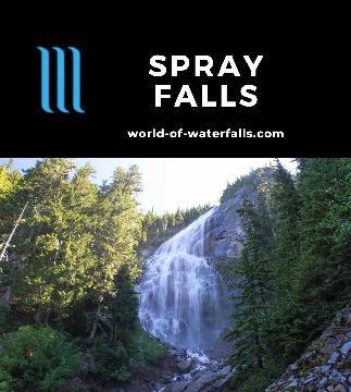 Spray Falls is a twisting 354ft waterfall reachable by a 4-mile hike on the Spray Park Trail in the northern slopes of Mt Rainier in Pierce County, Washington.