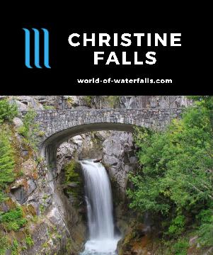 Christine Falls is a 69ft waterfall on Van Trump Creek easily seen with a road bridge on the south side of Mt Rainier National Park in Pierce County, Washington