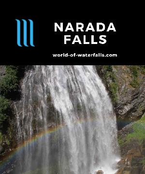 Narada Falls is a 188ft waterfall with a short walk to is frontal view where we saw a broad rainbow making it my wife's favorite waterfall in Mt Rainier NP.