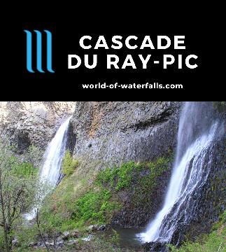 Cascade du Ray-Pic is a 60m pair of waterfalls flowing over prominent and contorted basalt columns reached by an easy walk to a lookout in Ardeche, France.