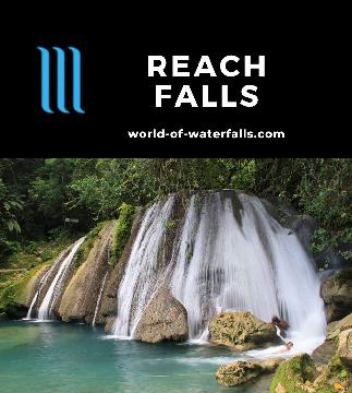 Reach Falls is a wide waterfall with small cascades and clear pools around it including a hidden 'Rabbit Hole' located in Manchioneal near Port Antonio, Jamaica