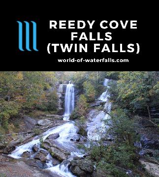 Reedy Cove Falls is a 70ft twin waterfall (also called Twin Falls) on Eastatoe Creek in South Carolina experienced by a lookout after a short 15-minute walk.