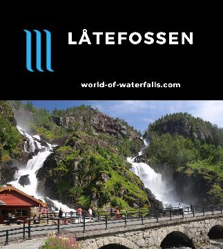 Latefossen (Låtefossen) is easily the most popular and dramatic of the waterfalls in Oddadalen (the Odda Valley) with a 165m twin falls in Vestland, Norway.