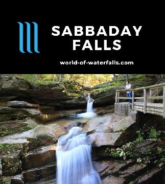 Sabbaday Falls is a 35ft series of twisting waterfalls within a narrow gorge emptying into an Emerald Pool in New Hampshire's White Mountain Forest near Conway.