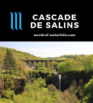 Cascade de Salins is a 30m waterfall in Cantal, France. It stands out because it fronts historical-looking arched bridges while allowing us to go behind it.