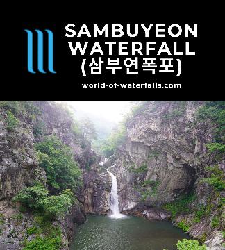 Sambuyeon Falls (삼부연폭포; Sambueyon Pokpo) is a 20m high three-tiered waterfall plunging from a steep granite notch on Mt Myeongseong's slopes near Pocheon.