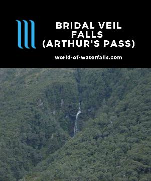 Bridal Veil Falls is an elusive waterfall north of Arthur's Pass Village best seen from Scotts Track as opposed to the Bridal Veil Track in Canterbury, NZ.