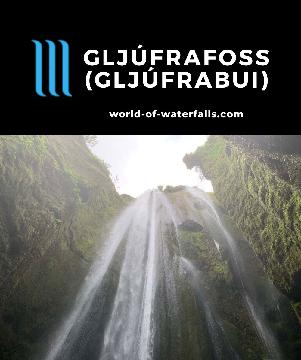 Gljufrafoss (Gljúfrafoss or Gljúfrabúi) is next to Seljalandsfoss, but it hides behind a narrow slot canyon where the we had to get wet in order to see it.
