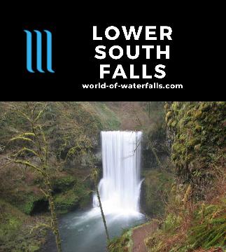 Lower South Falls is a 93ft waterfall with a block shape reached by a 0.8-mile hike downstream of South Falls in Silver Falls State Park near Salem, Oregon.