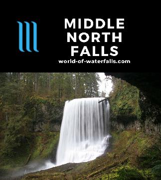 Middle North Falls is a 106ft plunge waterfall with a square shape accessed by a 3/4-mile hike that went behind it in Silver Falls State Park near Salem, Oregon