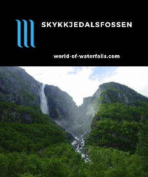 Skykkjedalsfossen is a reportedly 300m waterfall seen from a narrow road deep in the Simadal Valley near Eidfjord and the Hardangerfjord in Vestland, Norway.