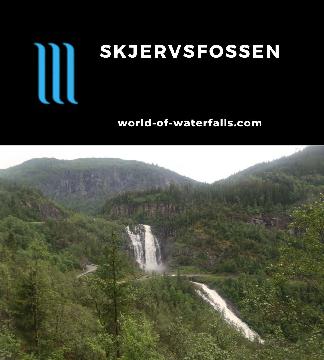 Skjervsfossen is a two-step waterfall with a 150m cumulative height with a 70m upper drop near the town of Voss in the Granvin Municipality of Norway.