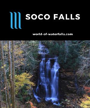 Soco Falls is a pair of converging 40ft waterfalls between Cherokee and Maggie Valley in Western North Carolina accessed by a short path to an overlook.