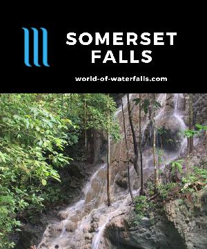 Somerset Falls is a limestone waterfall fronting a hidden grotto where 10m Hidden Falls drops into and over it, situated in Hope Bay near Port Antonio, Jamaica.