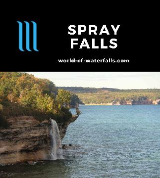 Spray Falls is a rare permanent 70ft waterfall spilling directly into Lake Superior near Munising and the Pictured Rocks in the Upper Peninsula of Michigan.