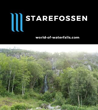 Starefossen is a waterfall about 40m on a thin brook in the residential hills above Bergen maybe a 5km walk or so from the funicular at Mt Fløyen, Norway.