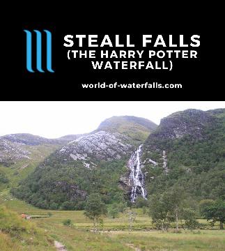 Steall Falls is a 120m waterfall reached by a moderate hike with an option to cross a 3-wire bridge to its base in Glen Nevis near Fort William, Scotland.