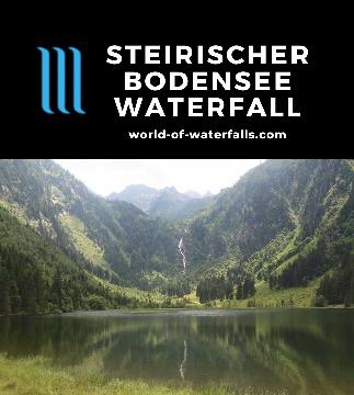 The Steirischer Bodensee Waterfall is a tall falls behind a scenic lake. I experienced the falls' base and the lake on a 4km circuit walk in Seewigtal, Austria.