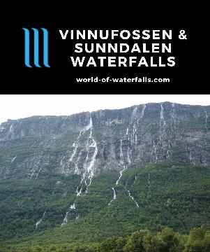 Vinnufossen is an 865m waterfall in Sunndal Valley just east of Sunndalsøra making it one of the highest waterfalls in Norway, and it's a roadside waterfall.