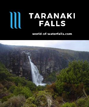 Taranaki Falls is a 20m waterfall surrounded by open scenery providing a chance to see the impressive volcanos of Tongariro National Park in good weather.