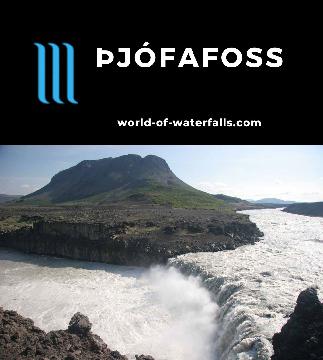 Thjofafoss (Þjófafoss) is a wide and milky waterfall on the Þjórsá River beneath Mt Búrfell. The 'Thieves Falls' was an apparent drowning pool for theft crimes.