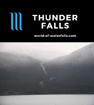 Thunder Falls is a waterfall I saw across Moose Lake while motoring along Hwy 16 within Mt Robson Provincial Park between Tete Jaune Cache and Jasper, Canada.