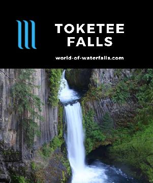 Toketee Falls is a 120ft waterfall on the North Umpqua River reached by a 0.8-mile round-trip hike to an overlook near Roseberg and Crater Lake National Park.