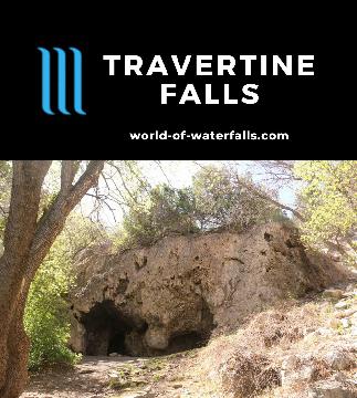 Travertine Falls is a waterfall next to a small travertine cave best seen after a good rain storm on a 1.2-mile round-trip hike near Albuquerque, New Mexico.
