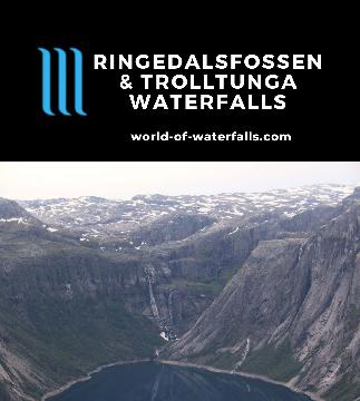 Ringedalsfossen (420m) & Tyssestrengene (646m) are two named but regulated waterfalls that can be seen on the popular 20km Trolltunga hike near Odda, Norway.