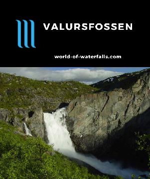 Valursfossen is a 70m gushing waterfall on the Veig River in the remote Hardanger Plateau reached by a muddy and rugged 5.2km hike near Eidfjord, Norway.
