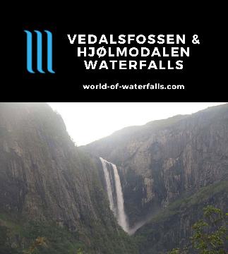 Vedalsfossen is said to be a tall waterfall twisting and turning its way into the Hjølmodal Valley and the Veig River as seen from a narrow mountain road.