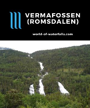 Vermafossen is a 381m cascading waterfall with a pitchfork shape when flowing well, making it one of our favorite waterfalls in Norway's Romsdal Valley.