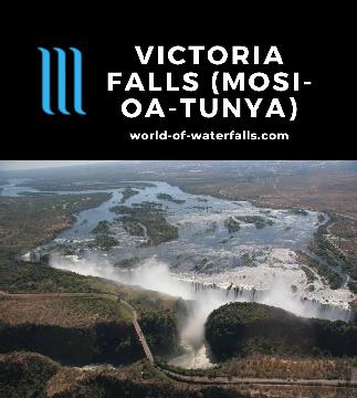 Victoria Falls (Mosi-oa-Tunya) is the 108m tall 1.7km wide 'smoke that thunders' on the Zambezi River shared between Zambia and Zimbabwe in Southern Africa.