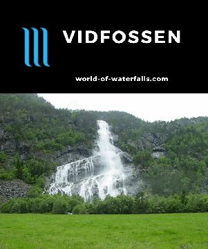 Vidfoss is a large (allegedly 300m) waterfall with an unusual inverted shape in the waterfall-laced Odda Valley between Odda and Skare in Vestland, Norway.