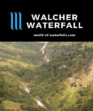 Walcher Waterfall (Walcherfall) is a 520m cascading falls on the Walcher Bach by the toll booths for the Grossglockner High Alpine Road at Ferleiten, Austria.