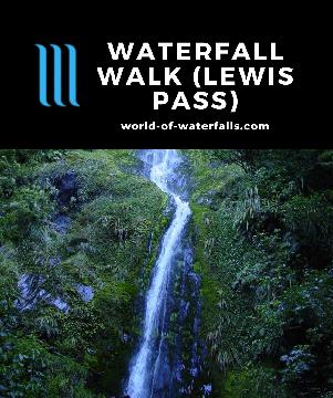 Five Mile Creek Falls is a tall and slender 40m waterfall reached by a short 20-minute walk by Maruia Springs and Lewis Pass in New Zealand's South Island.