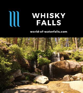 Whisky Falls (or Whiskey Falls) is a 40ft waterfall over granite slabs near a campground reached by a lot of unpaved roads near North Fork, California.