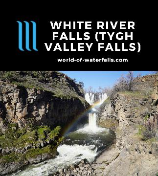 White River Falls (Tygh Valley Falls) is a 90ft falls in the drier rainshadow of Mt Hood contrasting Oregon's other waterfalls in the Columbia River Gorge.