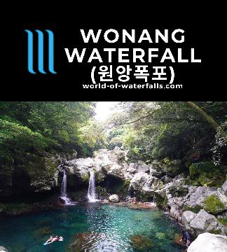 Wonang Falls (원앙폭포; Wonang Pokpo) is a wide 10m tall segmented waterfall, but its real draw was the colorful blue plunge pool doubling as a swimming hole.