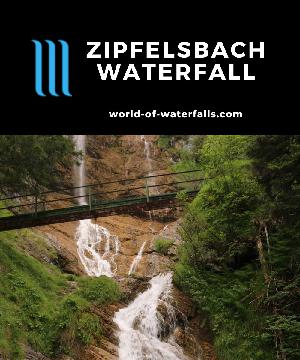 Zipfelsbach Waterfall (Zipfelsbach Wasserfall) is a 300m falls in several drops of which I hiked to the bottom 2 from the town of Hinterstein, Bayern, Germany.