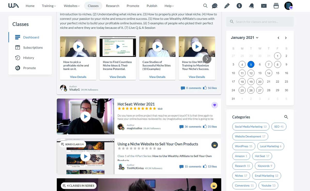 screenshot některých živých školení nabízených v Wealthy Affiliate