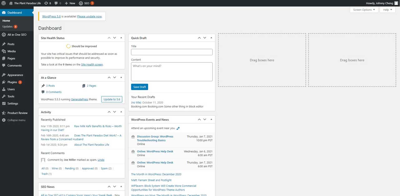 WordPress backend av en webbplats som skapats genom den rika Affiliate console